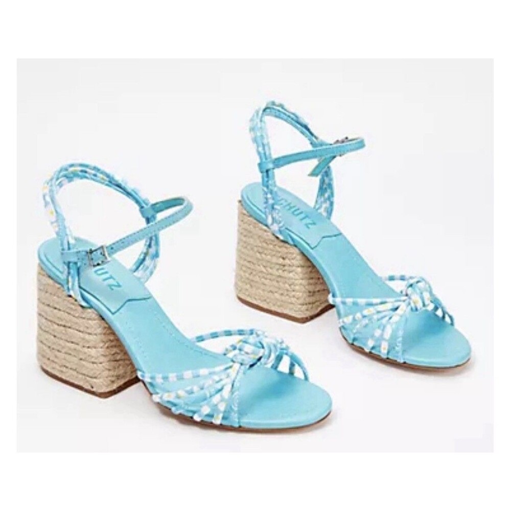 Schutz Dahra Sandals Size 9 Aqua Blue Gingham Paisley Rope Block Heel